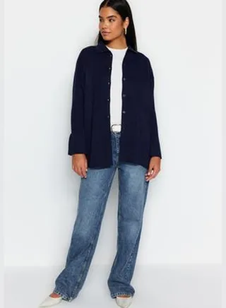 Dark Navy Blue Rib Knitwear Cardigan TCTAW24TH00025