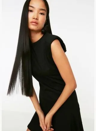 Black 100% Cotton Padded, Flounces, Open Waist/Skater Crewneck Mini Knitted Mini Dress TWOSS21EL0182