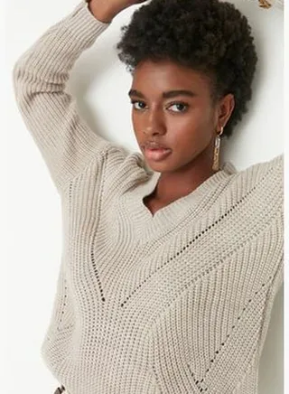 Beige Openwork/Perforated V-Neck Knitwear Sweater