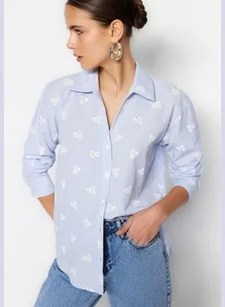 Blue Striped Floral Cotton Woven Shirt TWOSS23GO00373