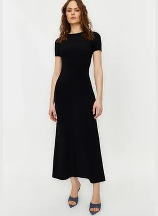 Black Short Sleeve Bodycone/Sealed Crew Neck Stretchy Knitted Maxi Dress TWOSS24EL00097