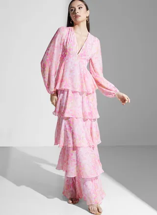 Balloon Sleeve Ruffle Printed Dress