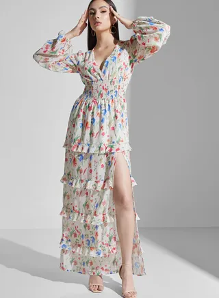 Ruched Waist Ruffle Floral Dress