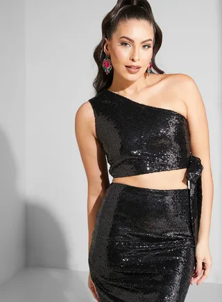 One Shoulder Crop Shimmer Top