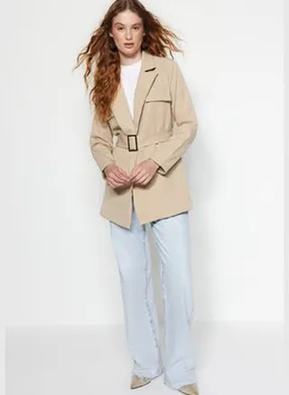Light Beige Belt Pocket Woven Blazer Jacket TCTAW24CK00036