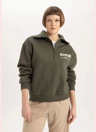 Woman Half Zip Long Sleeve Knitted Sweatshirt