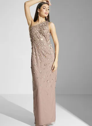 One Shoulder Embellished Side Slit Dress