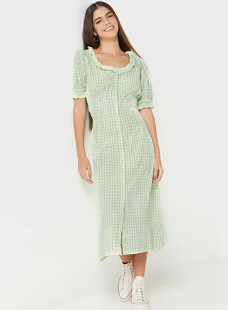 Checked Button Detail Dress