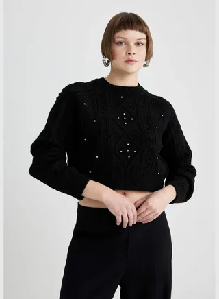 Woman Cropped Fit Crew Neck Long Sleeve Tricot Pullover