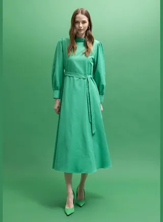 Woman A Line Mock Neck Long Sleeve Woven Dress