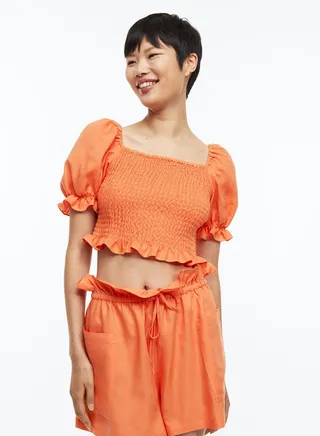 Ruched Balloon Sleeve Crop Top