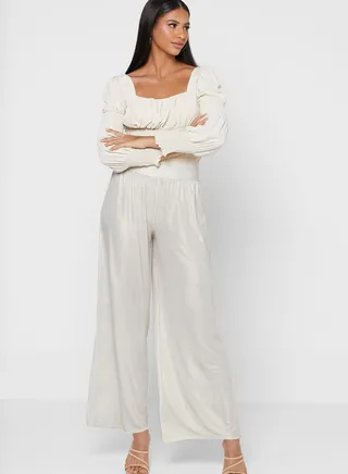 White Glitter Foil Wide Leg Trousers