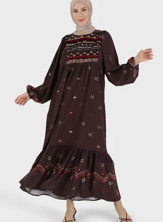 Balloon Sleeve Printed Tiered Dress