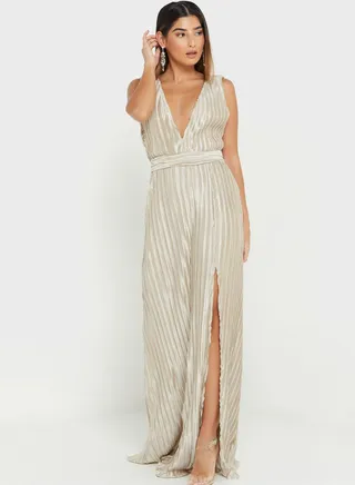 Plunge Neck Side Split Dress