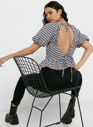 Checked Puff Sleeve Top