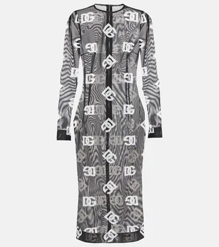 Printed sheer logo midi dress