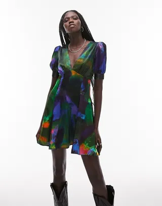 Topshop satin mini tea dress in abstract print
