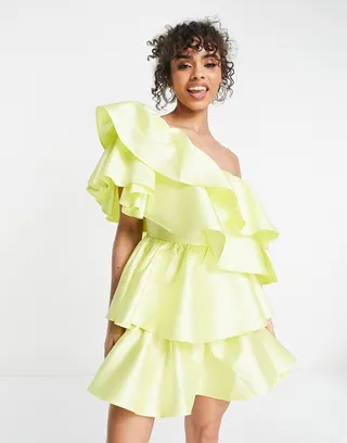 ASOS LUXE satin ruffle off shoulder mini dress in lemon