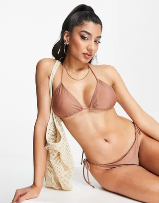 Brave Soul triangle bikini top with tie back in brown
