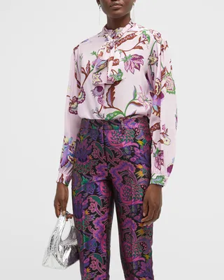 Floral-Print Neck-Tie Silk Blouse