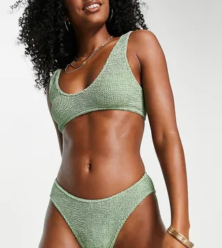 ASOS DESIGN mix and match crinkle high leg hipster bikini bottom in khaki