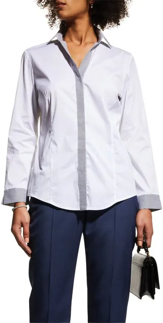 Stripe-Trim Stretch Cotton Button-Up Shirt