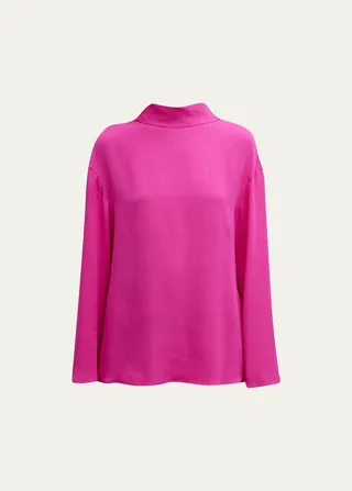 Silk Turtleneck Blouse with Draped Back Detail