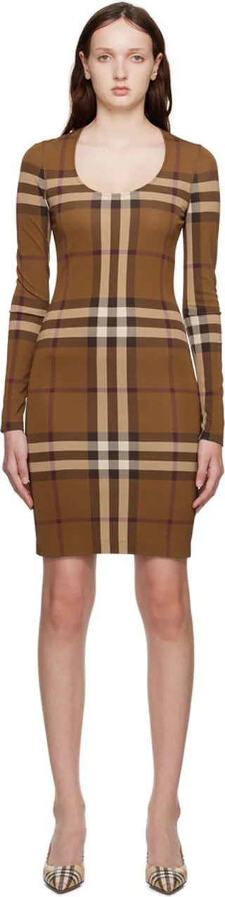 Burberry Brown Exaggerated Check Midi Dress