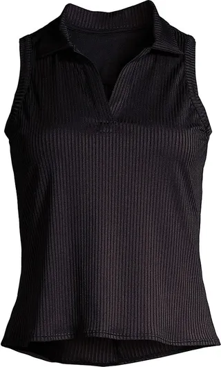 Rib-Knit Sleeveless Polo Top