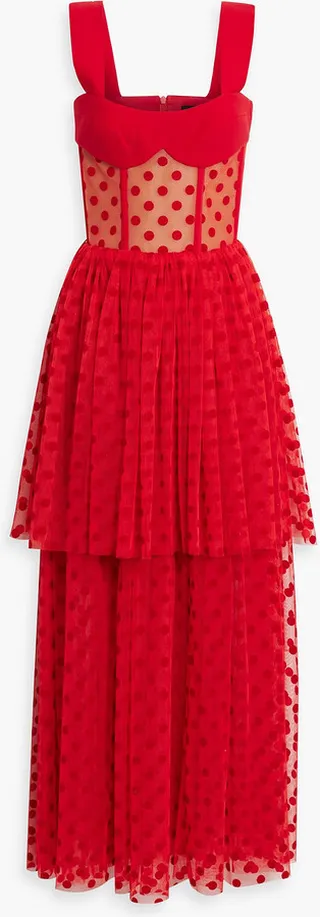 Crepe-paneled polka-dot flocked tulle maxi dress