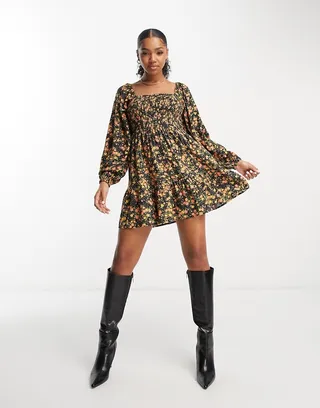 Miss Selfridge long sleeve shirred puff sleeve mini dress in ditsy