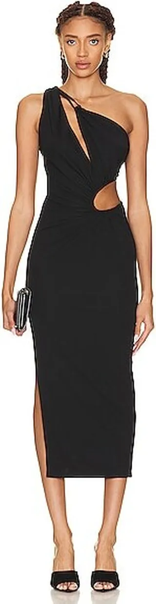 NICHOLAS Drie Draped Asymmetrical Midi Dress in Black