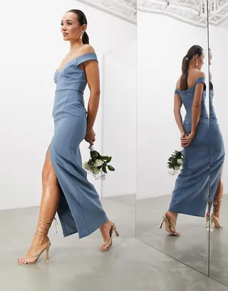 ASOS EDITION crepe bardot column maxi dress with split in dusky blue