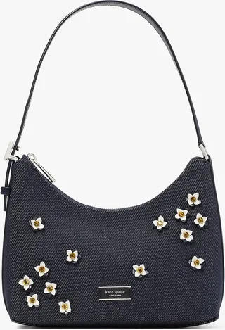 Kate Spade Sam Icon Floral Embellished Denim Small Shoulder Bag