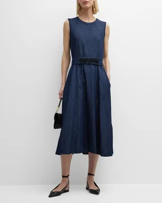 Gin Strass Belted Denim Sleeveless Midi Dress