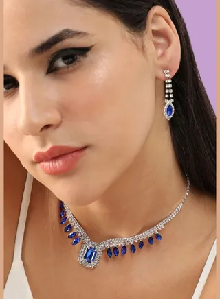 Silver Plated Party Designer Stone Necklace and Earring Set For Women