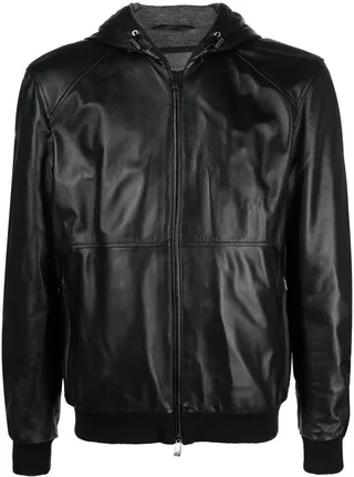 Hooded Zipped-Up Leather Jacket