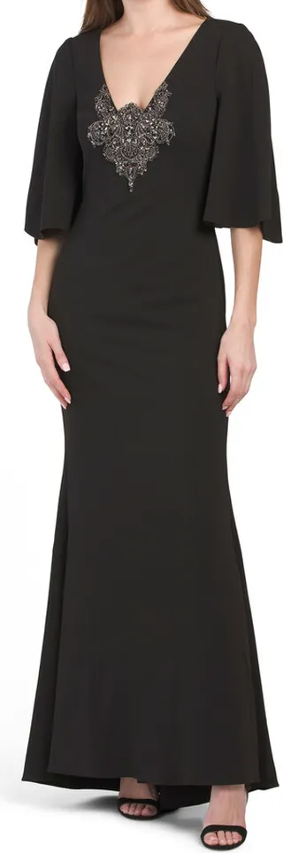 Short Sleeve Embroidered Bodice Gown