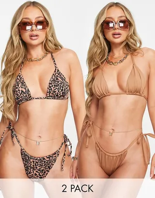 ASOS DESIGN 2 pack triangle bikini top in animal print and brown