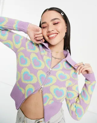 ASOS DESIGN cardigan with collar in heart pattern