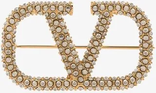 Gold Tone VLogo Signature Crystal Brooch