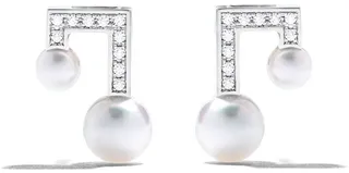 18kt white gold Balance note pavé diamond and Akoya pearl stud earrings