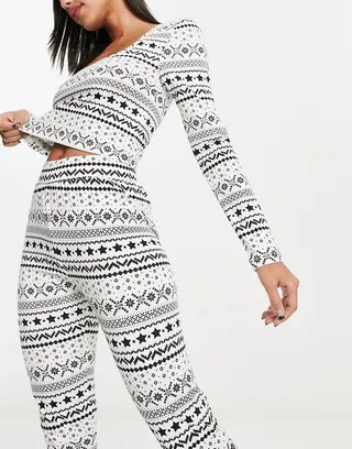 ASOS DESIGN Christmas Fairisle square neck long sleeve top & leggings pajama set in cream