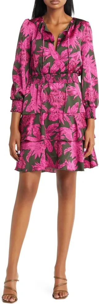 Winter Palm Long Sleeve Smocked Waist Minidress