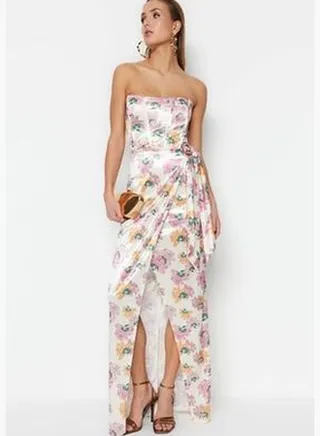 Multicolored Double Breasted Lined Knitted Satin Floral Pattern Long Evening Dress TPRSS23AE00004
