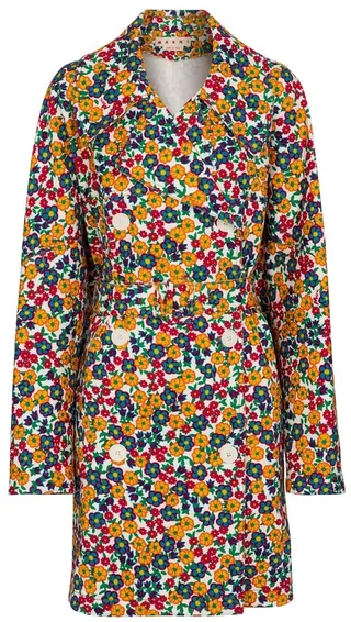 Floral denim double-breasted coat