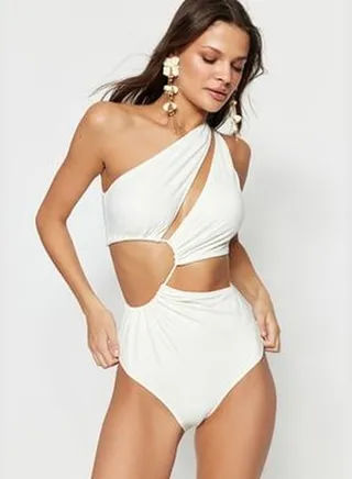 Ecru One-Shoulder Tunnel Swimsuit TBESS23MA00206