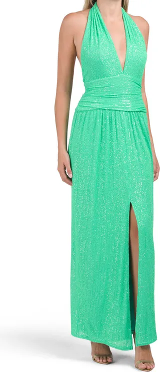 Made In Usa Sasha Sleeveless Sequin Halter Gown With Front Slit