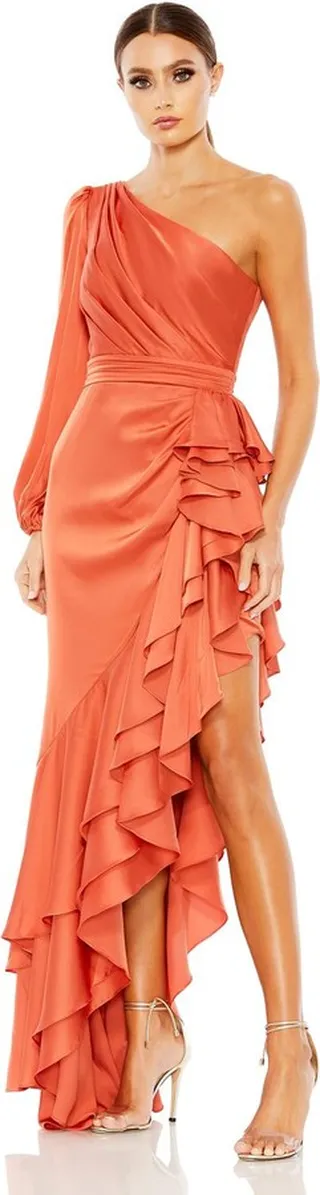 Flutter Sleeve Cut Out Asymmetrical Ruffled Gown