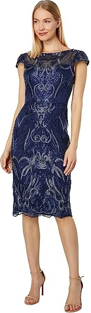 Vince Camuto Boatneck Cocktail Dress with Cap Sleeves (Navy) Women's Clothing